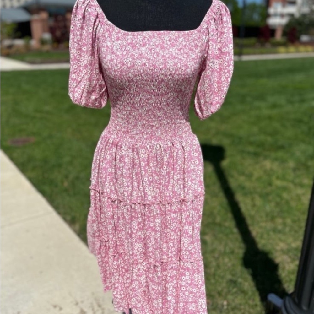 Floral Smocked Midi Dress Linen/Rayon Tiered Summer Dress knee length fits S/M/L